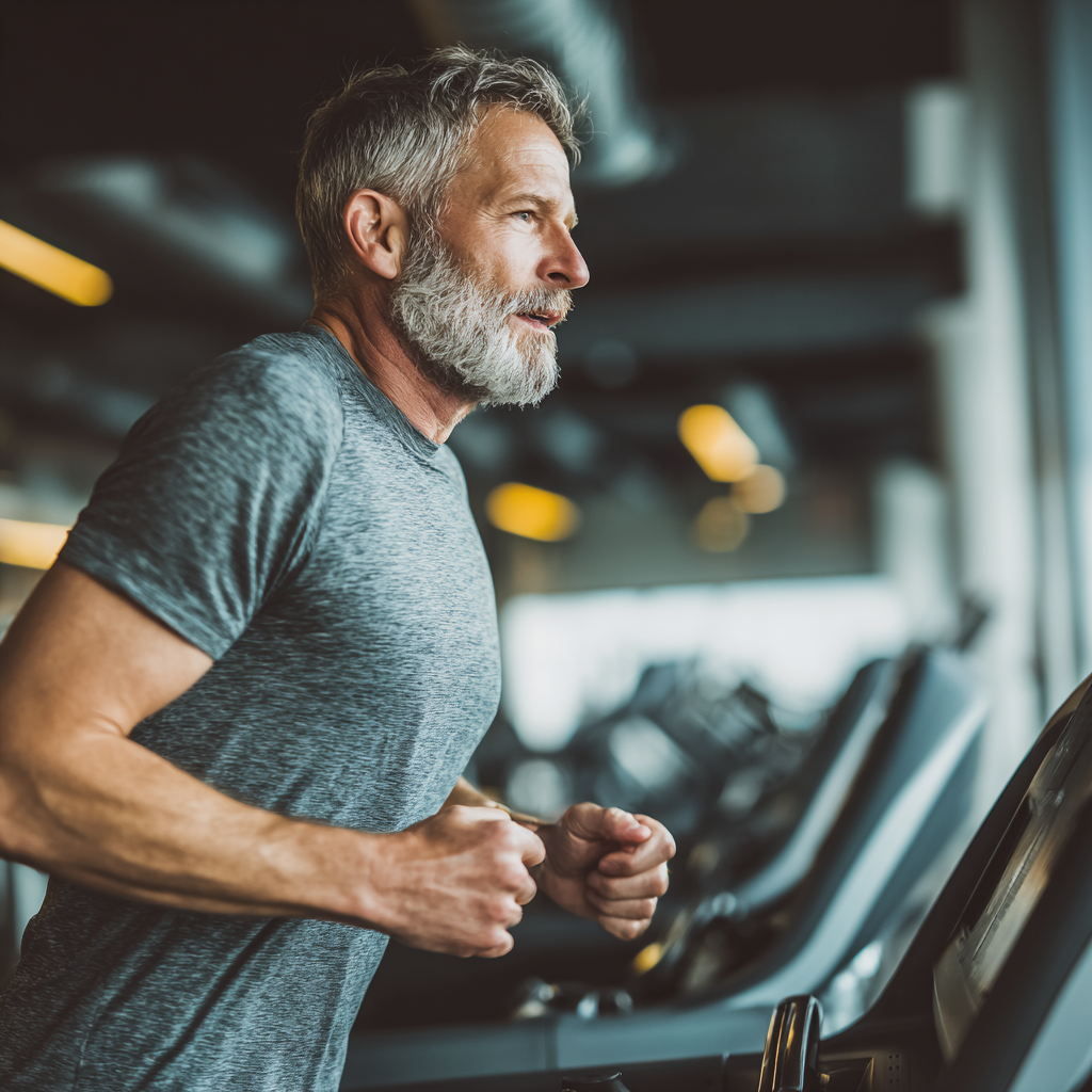 Active middle-aged person exercising in modern fitness environment