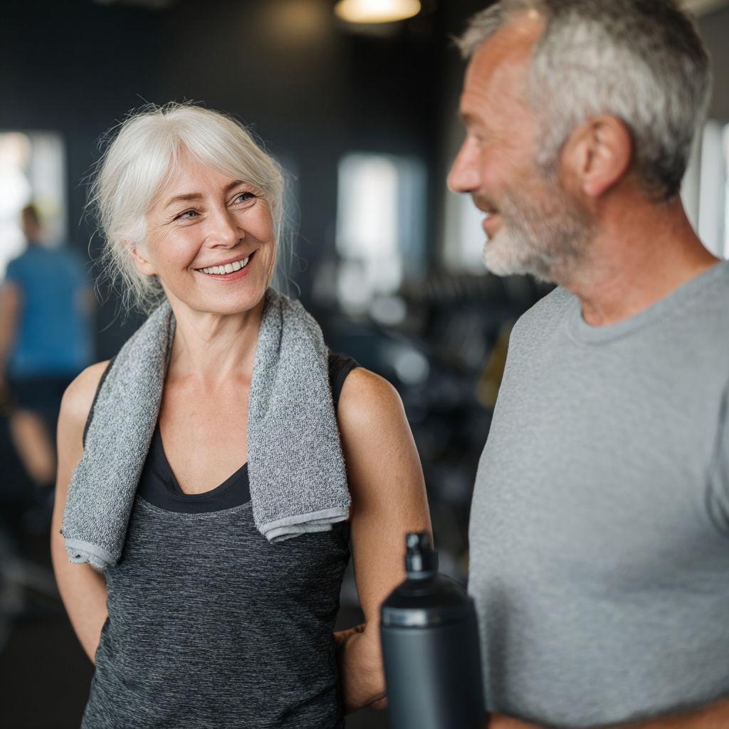 Satisfied mature client sharing positive fitness experience